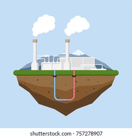 Geothermal Energy Concept. Eco Friendly Geothermal Energy Generation Power Plant. Green Generating Industry. Vector Illustration.