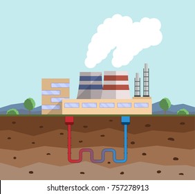 Geothermal Energy Concept. Eco Friendly Geothermal Energy Generation Power Plant. Green Generating Industry. Vector Illustration.