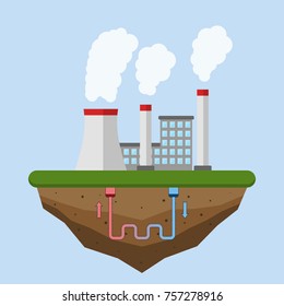 Geothermal Energy Concept. Eco Friendly Geothermal Energy Generation Power Plant. Green Generating Industry. Vector Illustration.