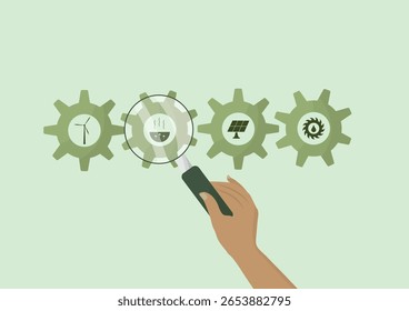 Geothermal Energy Focus Renewable Power Source Analysis. Hand with magnifying glass highlighting geothermal energy among renewable sources. Flat style. Geothermal energy concept. Vector illustration