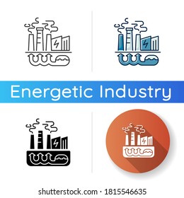 Icono de energía geotérmica. Estilos de color negras y RGB lineales. Planta de energía industrial, estación térmica. Utilizando recursos naturales renovables, energía sostenible. Ilustraciones vectoriales aisladas
