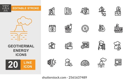 Geothermal energy line editable icon set. Power, factory, renewable, eco, electricity and more line icons.