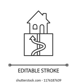 Geothermal energy linear icon. Ground heat pump. Thin line illustration. Ecological house heating. Contour symbol. Vector isolated outline drawing. Editable stroke