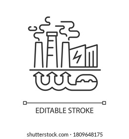 Geothermal energy linear icon. Industrial power plant, thermal station thin line customizable illustration. Contour symbol. Sustainable energy. Vector isolated outline drawing. Editable stroke