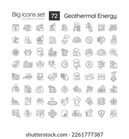 Juego de iconos lineales de energía geotérmica. Poder alternativo. Electricidad verde. Tecnologías y uso. Símbolos de línea delgada personalizables. Ilustraciones aisladas del contorno vectorial. Trazo editable