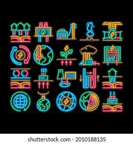 Geothermal Energy neon light sign vector. Glowing bright icon  Geothermal Electricity Factory And House Heat Equipment, Geyser And Earth Temperature Illustrations