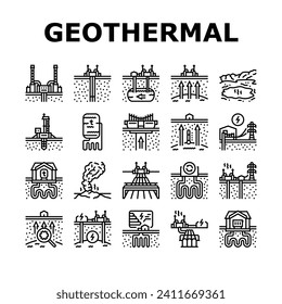 Geothermie-Kraftwerk-Symbole setzen Vektorgrafik. grüner Generator, Wärmepumpe, Erdwärmelstation Biomasse Erdwärme-Kraftwerk Schwarze Kontur-Illustrationen