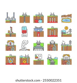 Icons von geothermischen Kraftwerken setzen den Vektor. grüner Generator, Wärmekraftanlage, Wärmepumpe, Erdwärmeanlage Biomasse Erdwärme Kraftwerk Farbe Linie Illustrationen