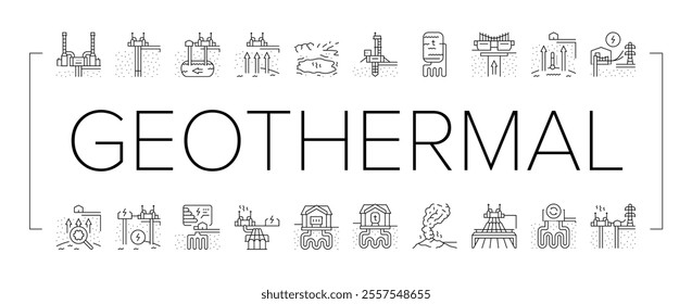 geothermal energy power plant icons set vector. green generator, heat electric industry pump, ground source thermal station biomass geothermal energy power plant black contour illustrations