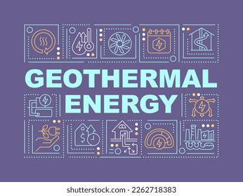 Geothermal energy word concepts dark purple banner. Sustainable power. Infographics with editable icons on color background. Isolated typography. Vector illustration with text. Arial-Black font used