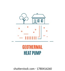 Geothermal Heat Pump, Logo Or Icon Design. Geothermal Energy Technology Concept. Flat Style Line Art Illustration Isolated On White Background.