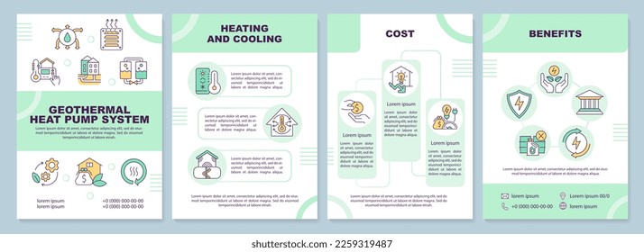 Plantilla de folleto del sistema de bomba de calor geotérmica. Diseño del prospecto con iconos lineales. Editable 4 diseños vectoriales para presentación, informes anuales. Arial-Black, Myriad Pro-Regular fuentes utilizadas