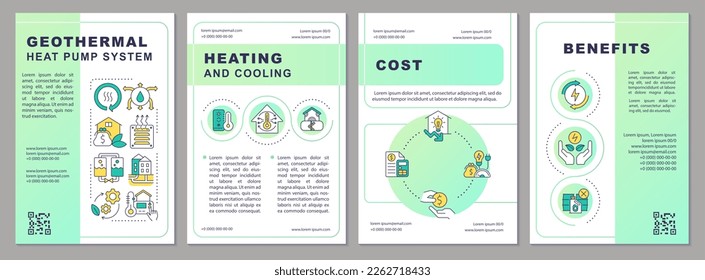 Geothermal heat pump system green brochure template. Leaflet design with linear icons. Editable 4 vector layouts for presentation, annual reports. Arial-Black, Myriad Pro-Regular fonts used