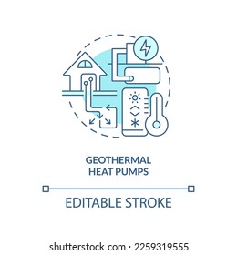 Geothermal heat pumps blue concept icon. Water circulation. Type of geothermal energy abstract idea thin line illustration. Isolated outline drawing. Editable stroke. Arial, Myriad Pro-Bold fonts used