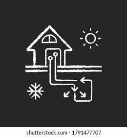 Geothermal heating and cooling system chalk white icon on black background. Sustainable house conditioning. Using natural resources for climate control. Isolated vector chalkboard illustration