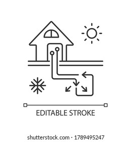 Geothermal heating and cooling system linear icon. Sustainable house conditioning thin line customizable illustration. Contour symbol. Vector isolated outline drawing. Editable stroke