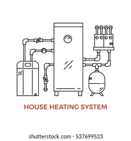 Geothermal House Heating System Vector Illustration Made In Modern Line Style.