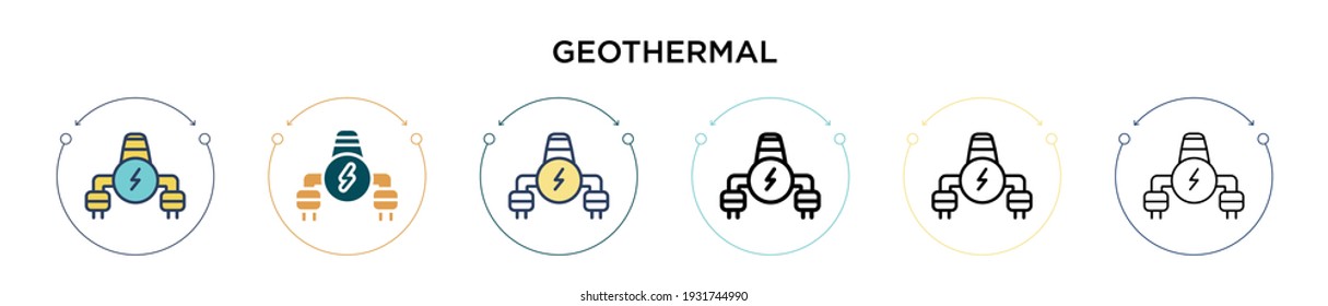 Geothermal icon in filled, thin line, outline and stroke style. Vector illustration of two colored and black geothermal vector icons designs can be used for mobile, ui, web