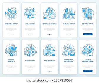 Geothermal power blue onboarding mobile app screen set. Advantages walkthrough 5 steps editable graphic instructions with linear concepts. UI, UX, GUI template. Myriad Pro-Bold, Regular fonts used