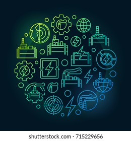 Geothermal power circular green illustration. Vector round industrial symbol made with geothermal energy icons in thin line style on dark background