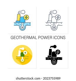Geothermal power icons set. Geothermal energy. Dry steam,flash steam, binary cycle power station. Collection of icons in linear, filled, color styles.Isolated vector illustrations