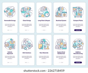 Geothermal power onboarding mobile app screen set. Advantages, trends walkthrough 5 steps editable graphic instructions with linear concepts. UI, UX, GUI template. Myriad Pro-Bold, Regular fonts used