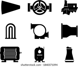 Geothermal Power Plant Icon Set: Tubine, Valve Butterfly, Power House, Elbow Piping, Pump, Reducer, Generator, Boiler, Cooling Tower.