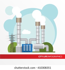 Geothermal power station Colorful illustration in a flat style. City infographics set. All types of power stations. System with turbine, condenser, separator and generator