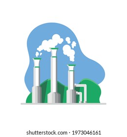 Geothermal power station icon.  on illustration. Towers with rising steam on blue background. Go green, sustainable environment. Alternative and renewable energy concept. Vector illustration