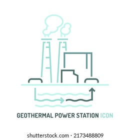 Geothermal power station icon. Utility-grade plant sign. Renewable energy source. Ecology concept. Editable vector illustration in modern outline style isolated on a white background.