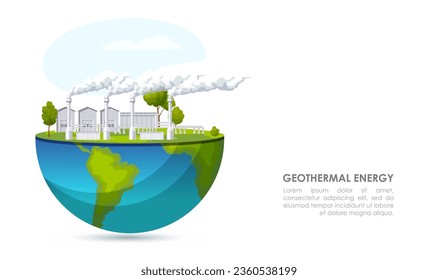 Geothermales Kraftwerk auf der halben Welt. Berg- und Feldlandschaft. Stromerzeugungstechnologie. Erneuerbare Ressource. Umwelt, alternative Quelle. Dampfgenerierung. Vektorgrafik