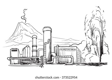 Geothermal power station. Sketch imitating chalk drawing on a blackboard. Sketch is isolated on a separate layer. EPS10 vector illustration.