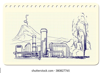 Geothermal power station. Sketch imitating ink pen scribbling in a notepad. Sketch is isolated on a separate layer. EPS10 vector illustration.