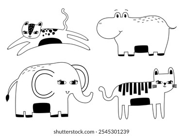 Gepard, hippo, elephant animal. Rainforest. Savannah and jungle. Hand drawn vector line illustration