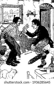 Gepetto, this scene shows two men standing and facing towards each other, doing something by raising hands, one man holds something in legs, a cat looking at them, glass and plate kept on table.