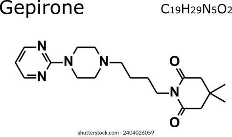Gepirone chemical formula and molecular structure; Gepirone is used to treat major depressive disorder; Gepirone is a serotonin receptor agonist