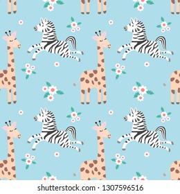 Geraffe zebra and monkey in forest seamless pattern.
