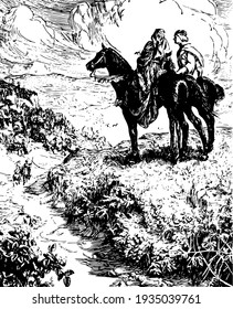 Geraint and Enid, this scene shows a man and woman riding on two horses and talking, vintage line drawing or engraving illustration