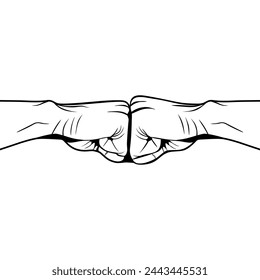 gerakan tangan salam tinju tinju, fist pump greeting hand gesture black and white vector illustration