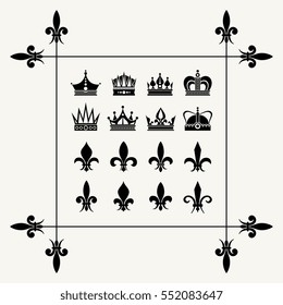 Geraldic crowns and fleur de lys design elements. Art royal symbol vector illustration.