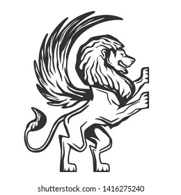 Geraldic lion with wings isolated on white. Vector illustration.