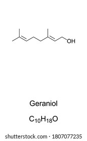 Geraniol, chemical structure. Primary component of rose oil and citronella oil. Common additive in perfume and cosmetic industry as aroma substance. Skeletal formula. Illustration over white. Vector.