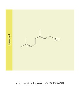 Geraniol Monoterpene Alcohol fragrant compound found in essential oils Molecular structure skeletal formula on yellow background.