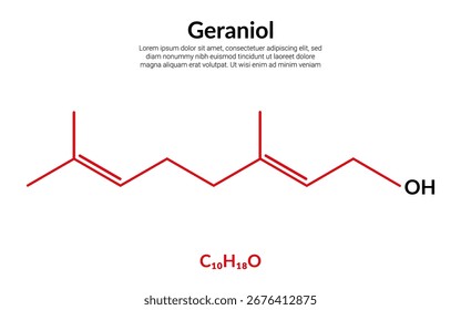 Geraniol, monoterpenoide, fórmula de estructura molecular, adecuado para contenido de educación o ciencia química. Ilustración vectorial