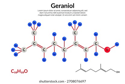 Geraniol, Monoterpenoid, Molekularstruktur Formel, Ball-and-Stick-Modell, geeignet für Bildung oder Chemie wissenschaftlichen Inhalt. Vektorgrafik