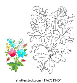 Geranium, buttercups, wildflowers, hand-drawn black line on white background,coloring for children,print for coloring book,use for coloring with watercolors,gouache,markers or pencils
