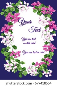 Geranium card design. Violet text in flower oval on blue background is vector.