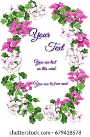 Geranium card design. Violet text in flower oval on white background is vector.