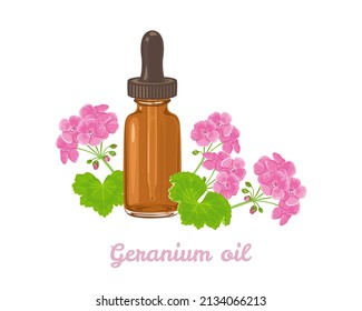 Geranium essential oil. Amber glass dropper bottle and fragrant pink flower isolated on white background. Vector illustration in cartoon flat style.