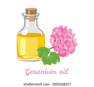 Geranium essential oil in a glass bottle and rose flowers isolated on white background. Vector illustration. Cartoon flat style.